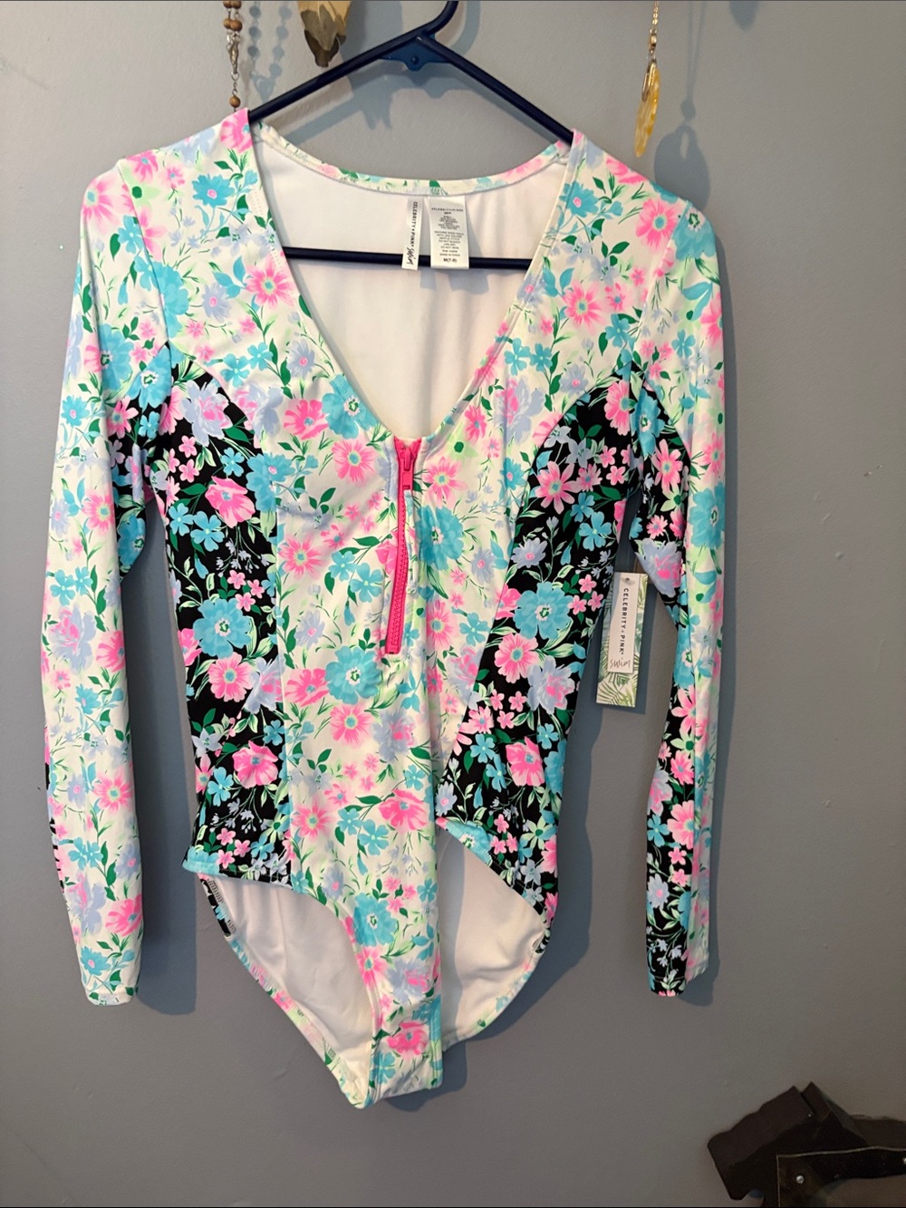 Celebrity Pink Floral Long-Sleeve Swim Bodysuit - Pink, Aqua, Black